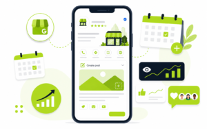 Google Business Profile posting strategy illustration showing post creation on smartphone