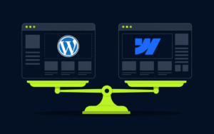 Flat illustration comparing Webflow and WordPress for SEO, showing two website browser windows with WordPress and Webflow icons balanced on a scale. Dark navy background with lime-green accents, representing an unbiased comparison of the two CMS platforms for search engine optimization.