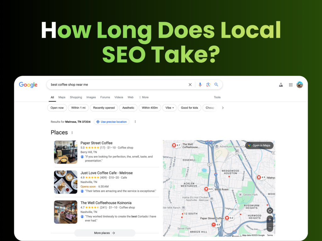 Local SEO timeline chart showing results from month one to month twelve including Google Business Profile optimization and organic rankings