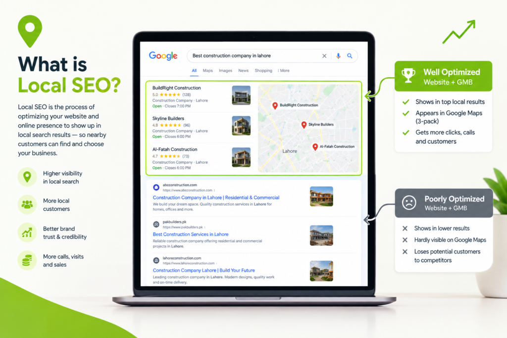 Local SEO illustration showing a laptop with Google search results for “Best construction company in Lahore,” where a well-optimized website and Google Business Profile appear in top local results while poorly optimized businesses rank lower and lose potential customers.