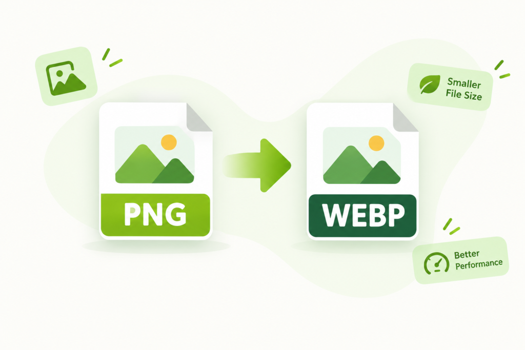 PNG to WebP Converter – illustration showing PNG image conversion to WebP format for smaller file sizes and better website performance.